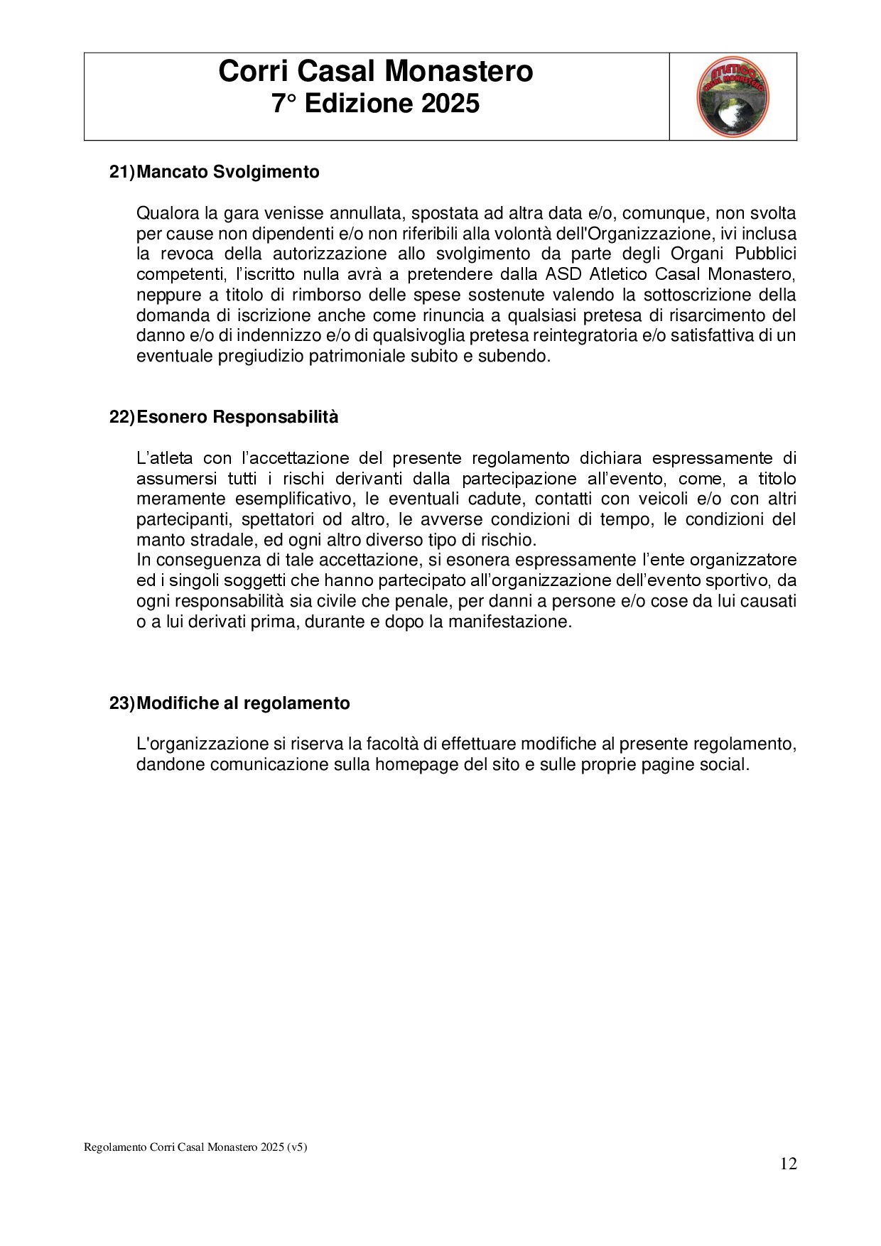 Regolamento Corri Casal Monastero - 2025